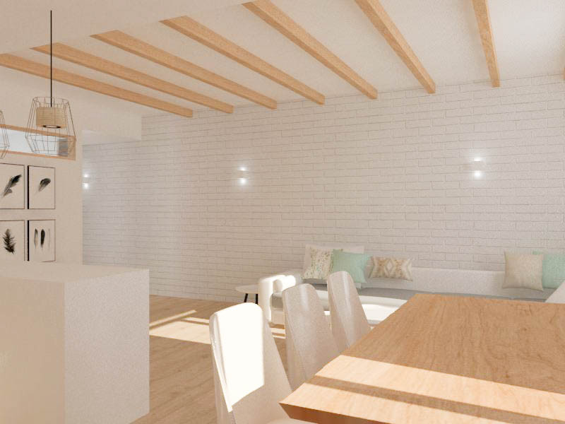 Mittelgroßes, Offenes Nordisches Wohnzimmer ohne Kamin mit weißer Wandfarbe, braunem Holzboden, verstecktem TV, freigelegten Dachbalken und Ziegelwänden in Barcelona