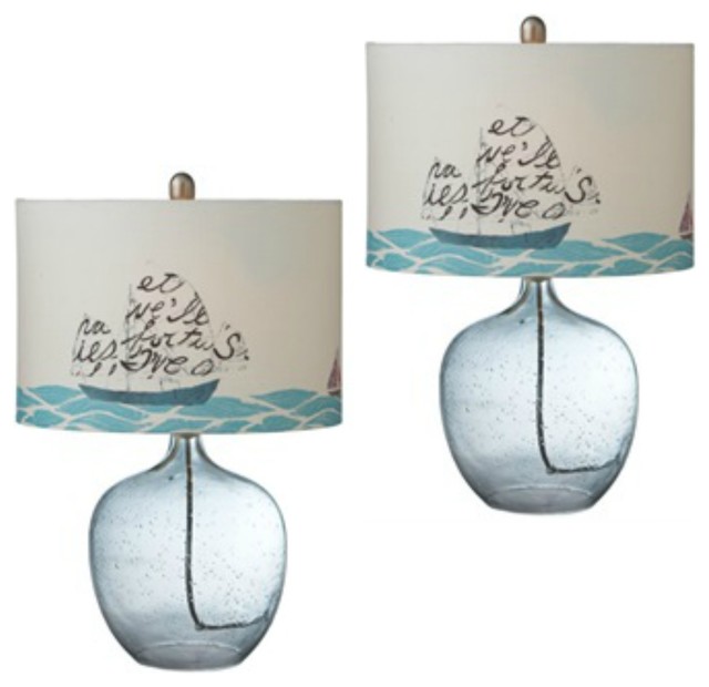 Printed Sailboat Shade With Glass Buoy, Glass Buoy Lamp