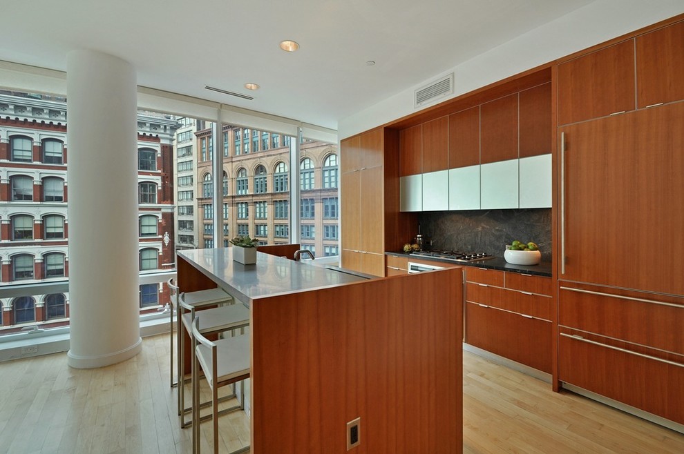 This is an example of a contemporary galley kitchen in Chicago with flat-panel cabinets, medium wood cabinets, black splashback and panelled appliances.