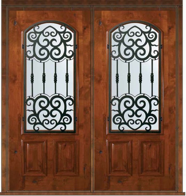 Prehung Double Door 80 Wood Alder Barcelona Arch Lite Wrought Iron ...