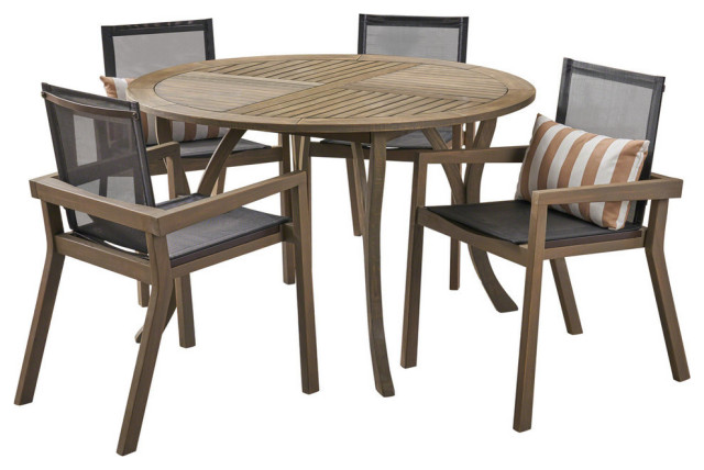 GDF Studio Spencer Outdoor Round Acacia Wood Dining Set With Mesh Seats, Gray Fi