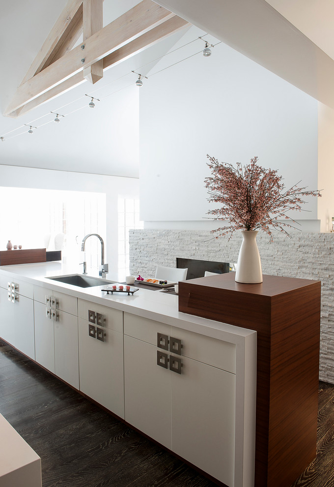 Inspiration for an asian kitchen in New York with an undermount sink, flat-panel cabinets, white cabinets, dark hardwood floors and with island.