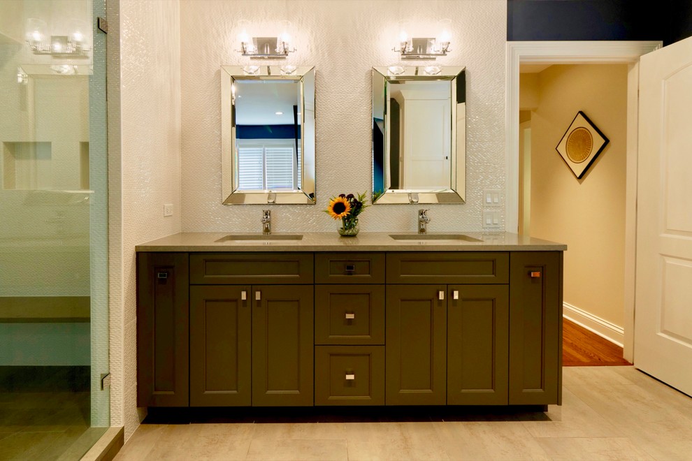 Corner shower - mid-sized transitional master white tile and mosaic tile ceramic tile and beige floor corner shower idea in Chicago with recessed-panel cabinets, gray cabinets, blue walls, an undermount sink, quartz countertops, a hinged shower door and gray countertops