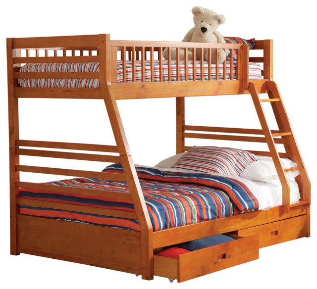 Wooden Twin Over Full Bunk Bed with Wheel Supported Bottom Drawers