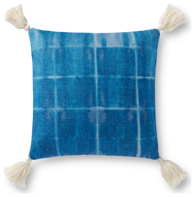Blue 18"x18" Weathered Tile Pattern Printed Pillow With Natural Cotton Tassels