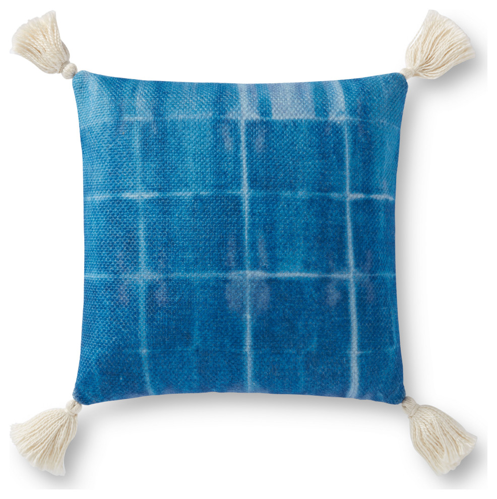 Blue 18"x18" Weathered Tile Pattern Printed Pillow With Natural Cotton Tassels