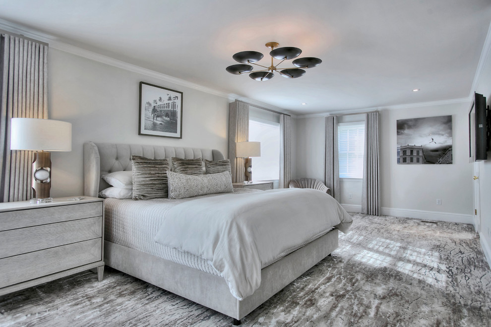 Design ideas for a large transitional guest bedroom in New York with grey walls, carpet and grey floor.