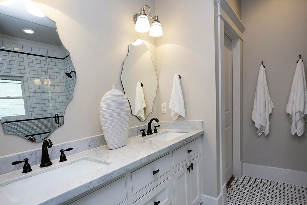 Design ideas for a mid-sized arts and crafts master bathroom in Denver with an undermount sink, shaker cabinets, white cabinets, marble benchtops, an open shower, a one-piece toilet, white tile, mosaic tile, grey walls and mosaic tile floors.