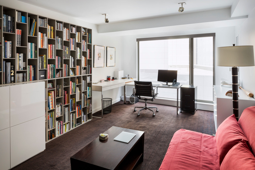 Contemporary study room in Boston with carpet, no fireplace and a freestanding desk.