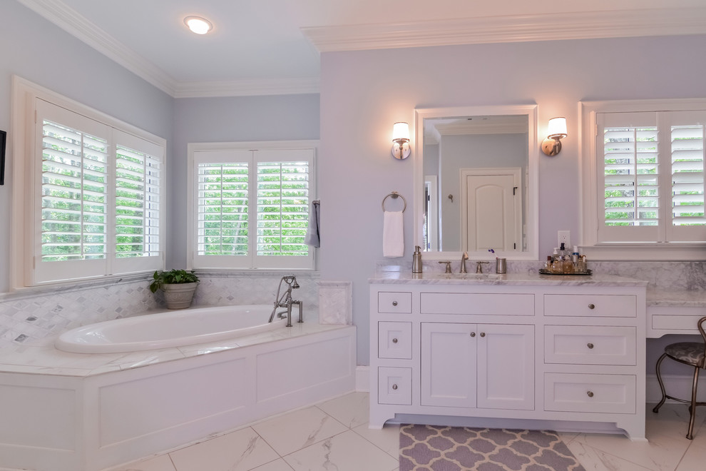 Large traditional master bathroom in Atlanta with beaded inset cabinets, white cabinets, a drop-in tub, ceramic tile, marble benchtops, an alcove shower, grey walls, ceramic floors and an undermount sink.
