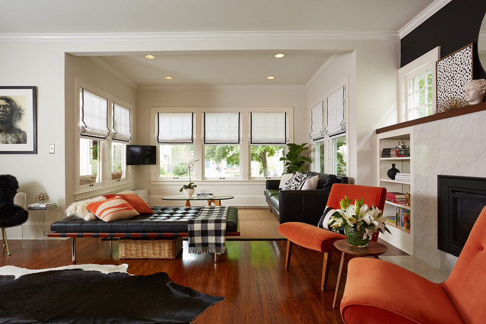 Living room - contemporary open concept dark wood floor living room idea in Minneapolis with beige walls, a standard fireplace and a wall-mounted tv