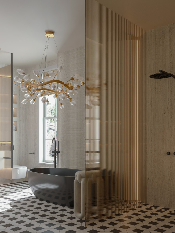 Стильный дизайн: большая главная ванная комната в стиле модернизм с тумбой под две раковины и подвесной тумбой - последний тренд