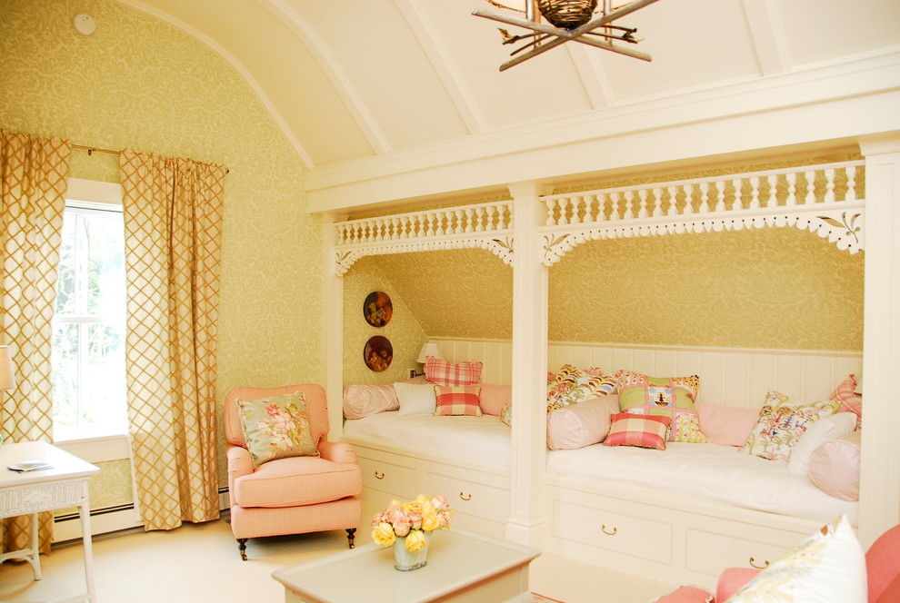 Traditional guest bedroom in Portland Maine with green walls and carpet.