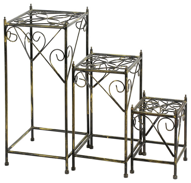 3 Piece Cast Iron Flower Plant Stand Set Black And Gold Finish 3 Piece Cast Iron Flower Plant Stand Set Black And Gold Finish Mediterranean Stands Telephone Tables By Ore International