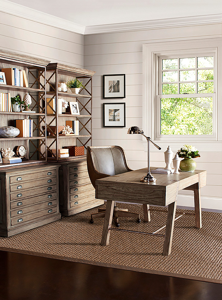 Country home office in Houston with linoleum floors, no fireplace and grey walls.
