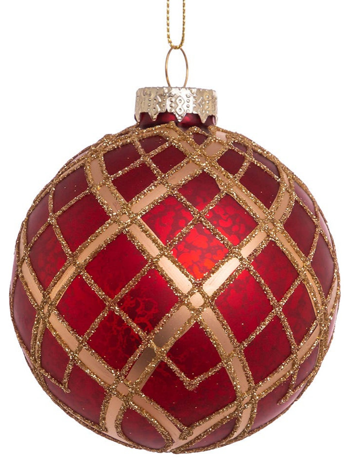 80MM Red, Gold Plaid Glass Ball Ornaments, 6Piece Set, 3.15' Christmas Ornaments by Kurt S