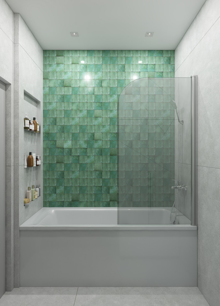 Design ideas for a small contemporary ensuite bathroom in Other with a freestanding bath, mosaic tiles, grey walls, porcelain flooring and grey floors.