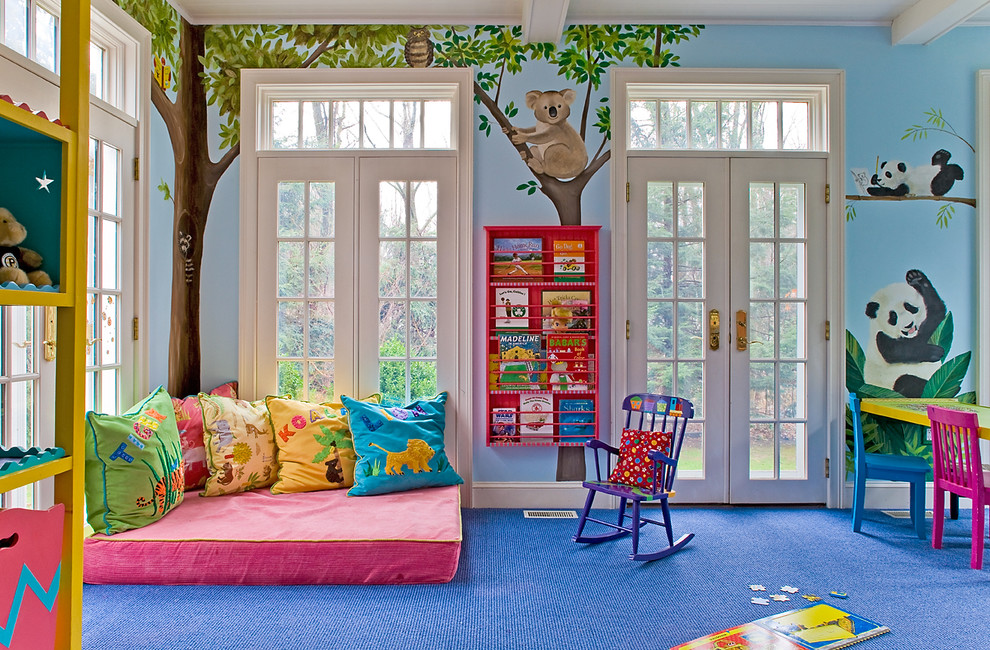 Inspiration for a traditional kids' playroom in Boston with blue floor and multi-coloured walls.