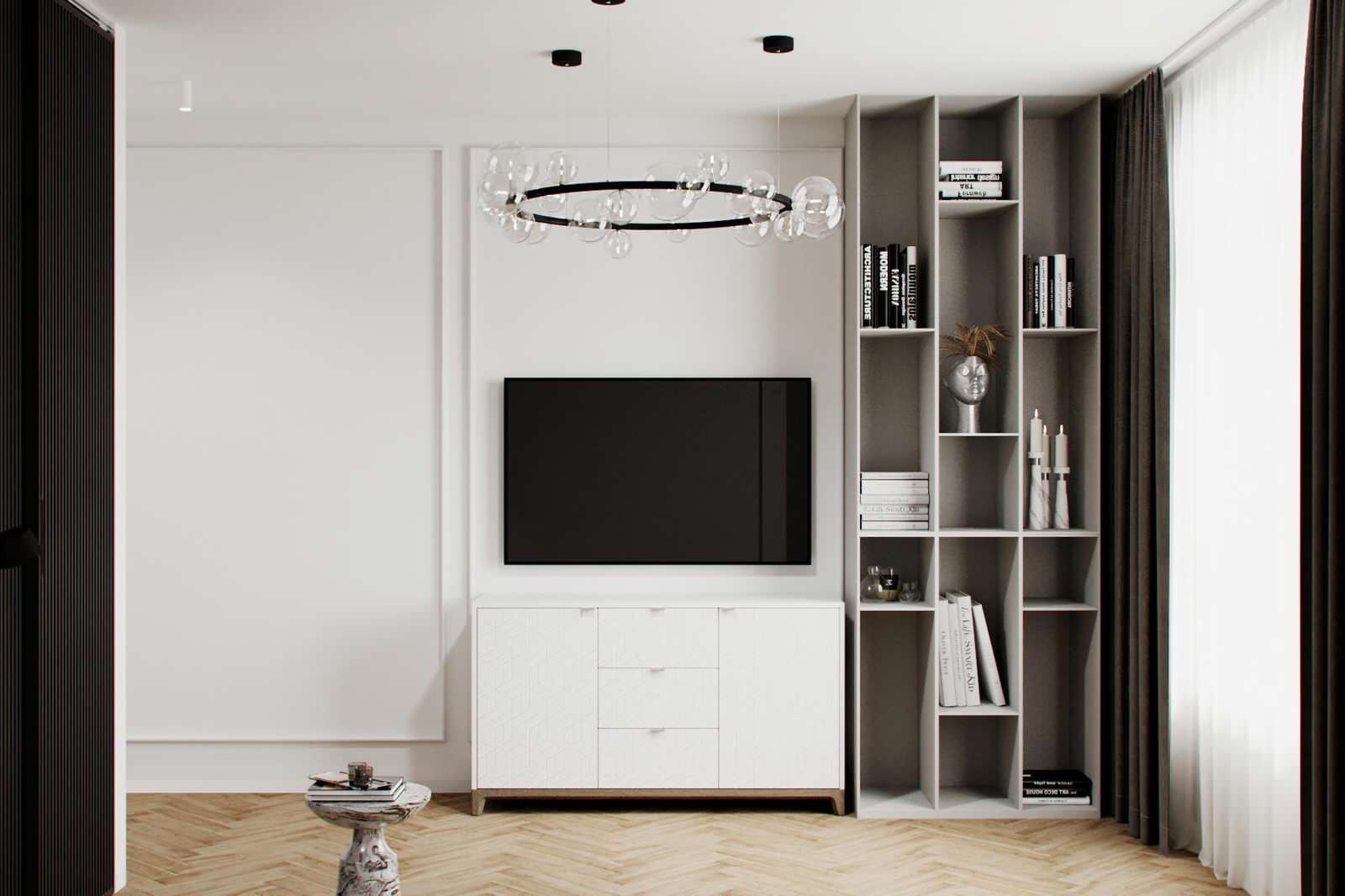 Cовременная квартира, дизайн интерьера в светло-темных тонах в ЖК "Георг Ландрин