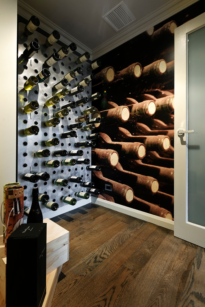 Design ideas for a contemporary wine cellar in Perth with dark hardwood floors and storage racks.