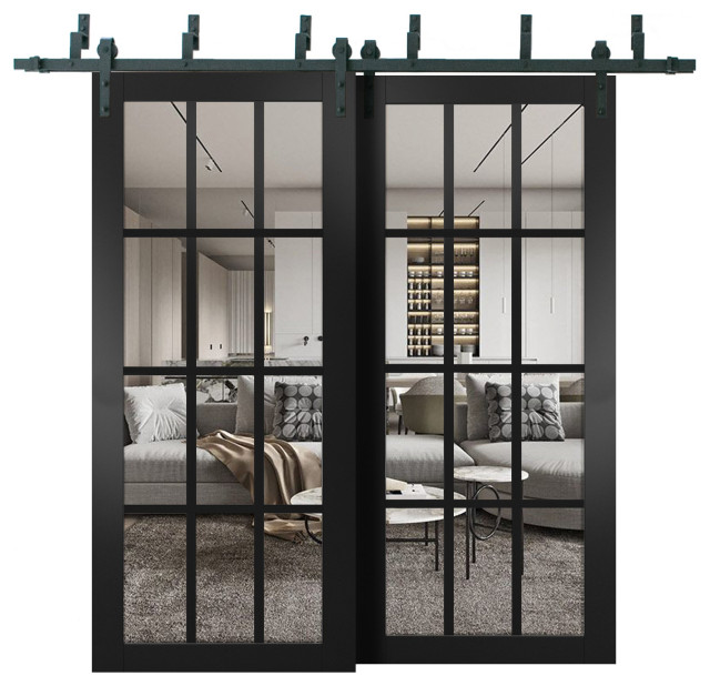 Sliding Bypass Doors, Felicia 3355 Black & Clear Glass, 6.6' Set, 64"x80" (2* 32x80