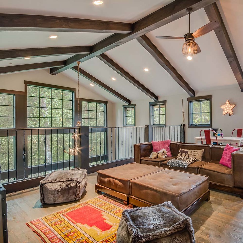 Inspiration for a mid-sized country loft-style family room in Other with grey walls, medium hardwood floors, no fireplace, no tv and beige floor.