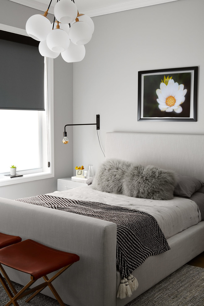 Photo of a mid-sized contemporary guest bedroom in Chicago with grey walls and dark hardwood floors.