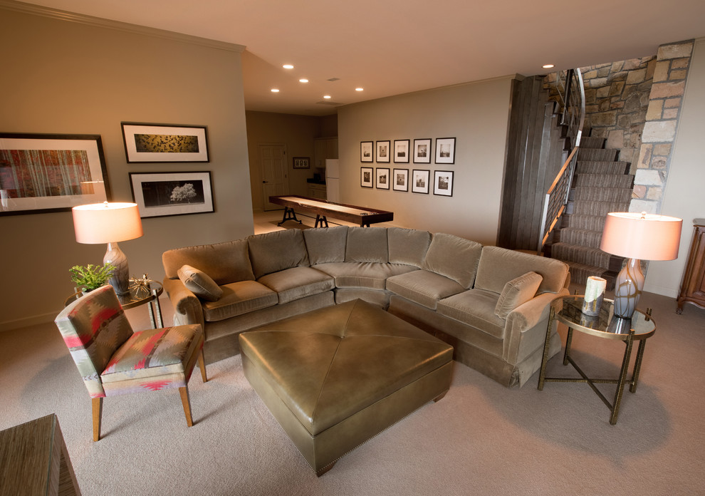Inspiration for a mid-sized country open concept family room in Charlotte with a game room, beige walls, carpet, no fireplace and beige floor.