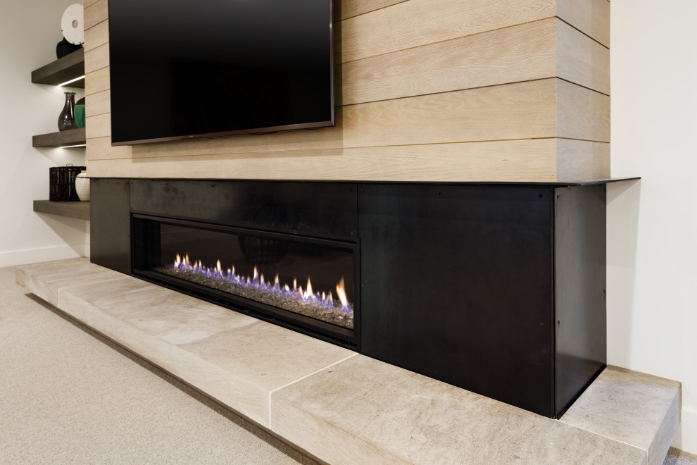 Inspiration for a contemporary home cinema in Minneapolis with limestone flooring.