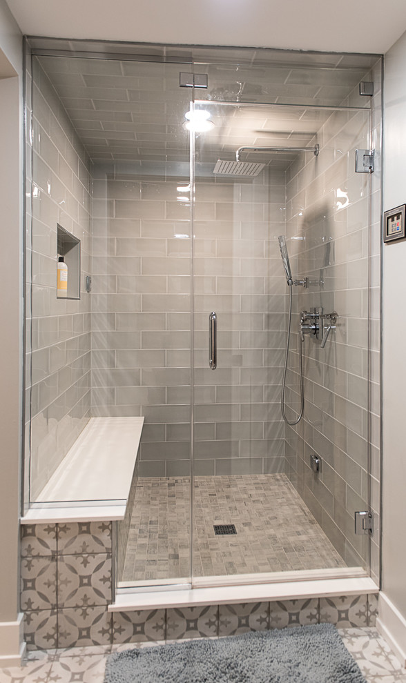 This is an example of a large midcentury bathroom in Chicago with flat-panel cabinets, brown cabinets, a two-piece toilet, grey walls, porcelain floors, with a sauna, an undermount sink, engineered quartz benchtops, multi-coloured floor and white benchtops.