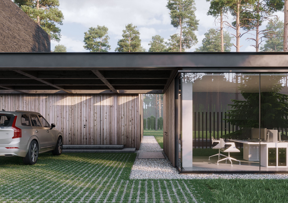 Идея дизайна: большой двор на переднем дворе в современном стиле с навесом