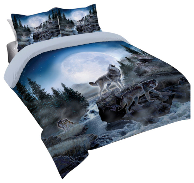 Midnight Wolves Twin Comforter Set, Rustic Twin Bedding Sets