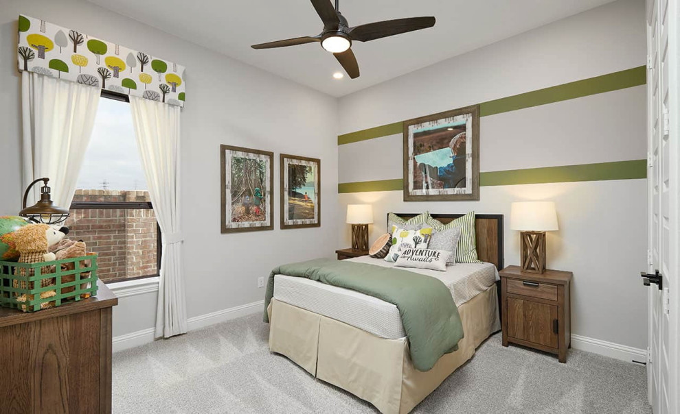 Пример оригинального дизайна: гостевая спальня (комната для гостей) в современном стиле с серыми стенами, ковровым покрытием и серым полом