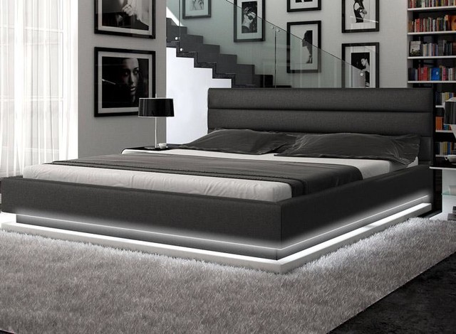 Contemporary Black Leather Platform Bed with Lights - Contemporary