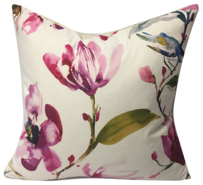 Watercolor Flowers and Bird Motif PIllow, Magenta, 20", Without Insert
