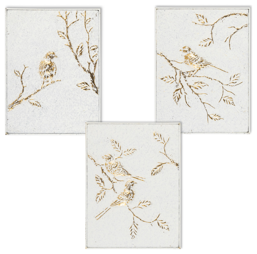 Set of 3, 16" White and Gold Metal Bird Wall Art Contemporary Metal