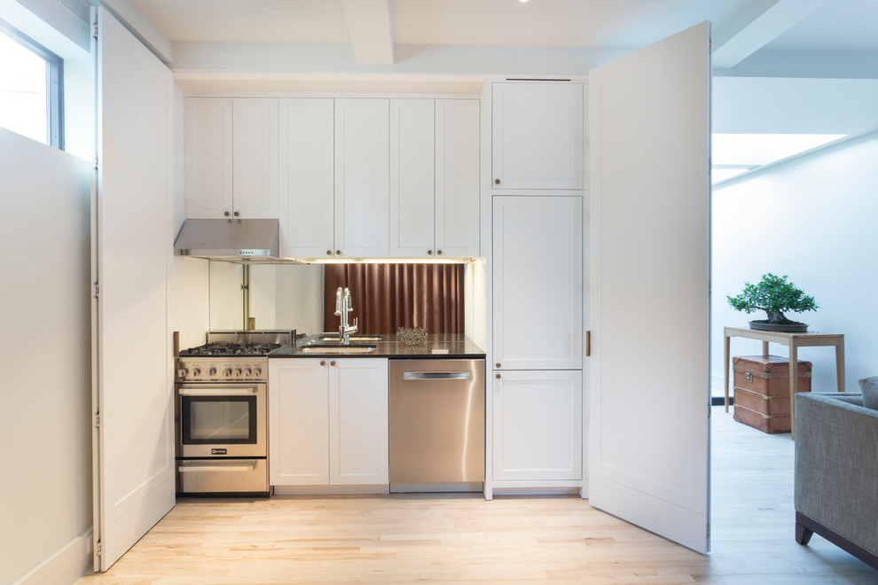 Small transitional single-wall open plan kitchen in New York with an undermount sink, shaker cabinets, white cabinets, stainless steel appliances, light hardwood floors and no island.