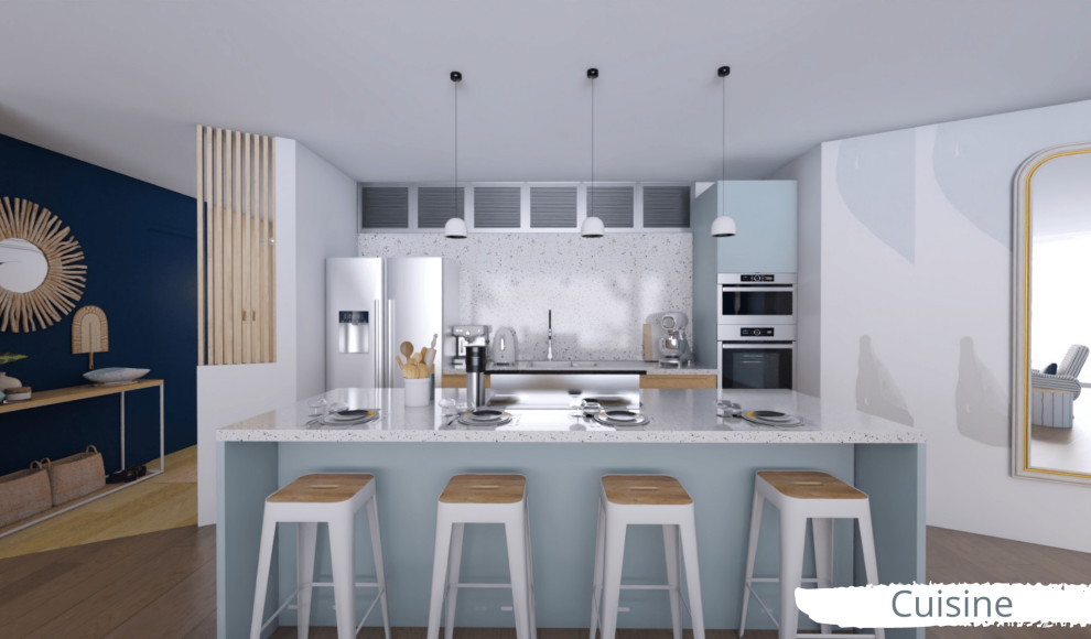 Design ideas for a medium sized coastal galley kitchen/diner in Paris with a double-bowl sink, beaded cabinets, light wood cabinets, terrazzo worktops, multi-coloured splashback, stainless steel appliances, medium hardwood flooring, an island, brown floors and multicoloured worktops.