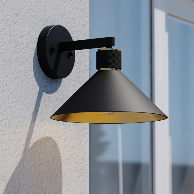 Dunbar 1 Light Matte Black and Gold Outdoor Wall Sconce Metal Shade, 10
