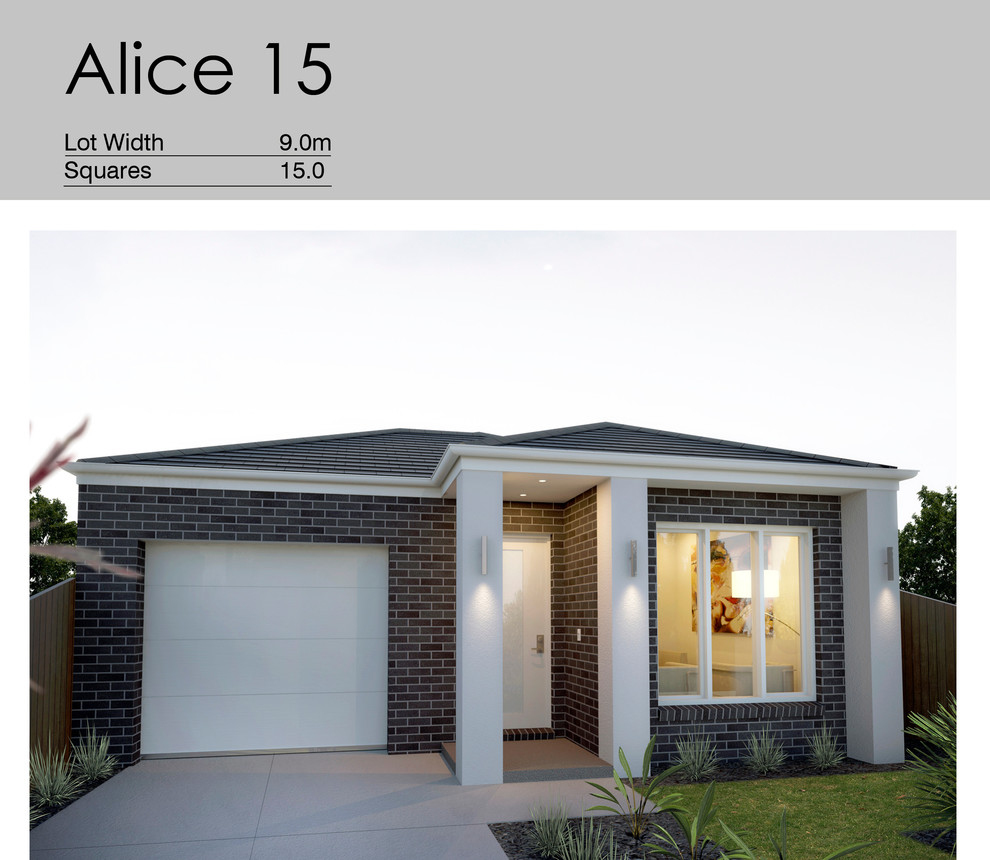 Small contemporary one-storey brick brown house exterior in Melbourne with a hip roof and a tile roof.