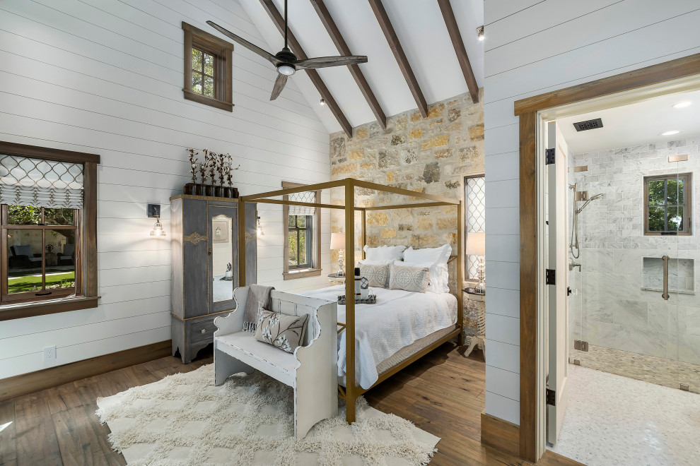 Design ideas for a farmhouse bedroom in Austin.