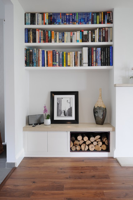 Alcove Log Storage And Book Shelves Contemporary Living