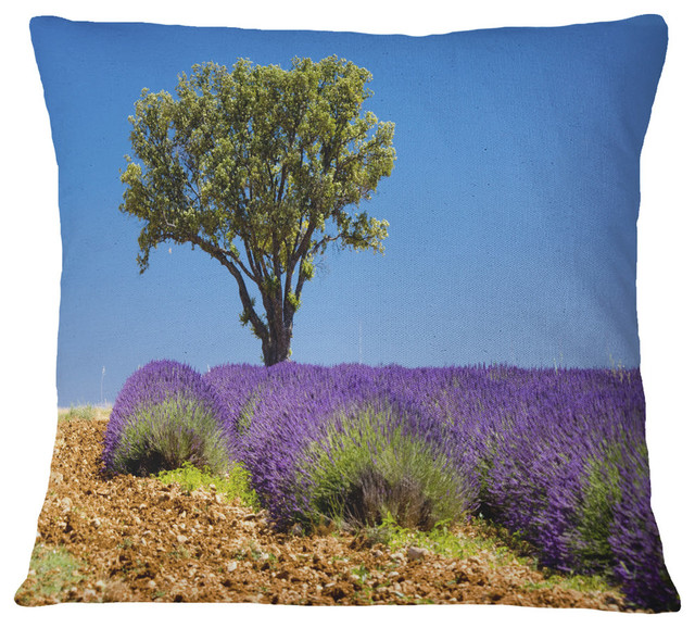 Lone Green Tree In Lavender Field Landscape Throw Pillow Farmhouse Decorative Pillows By Design Art Usa