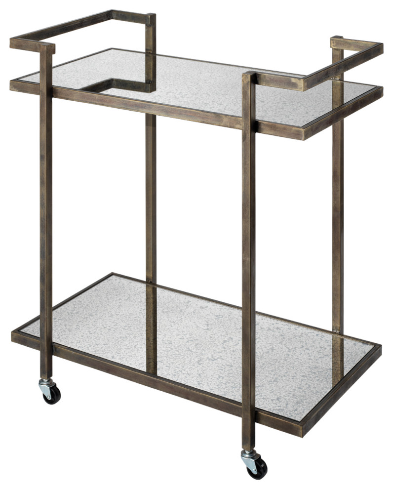 Retro Vintage Style 2Shelf Bar Serving Cart Antiqued Silver Mirrored