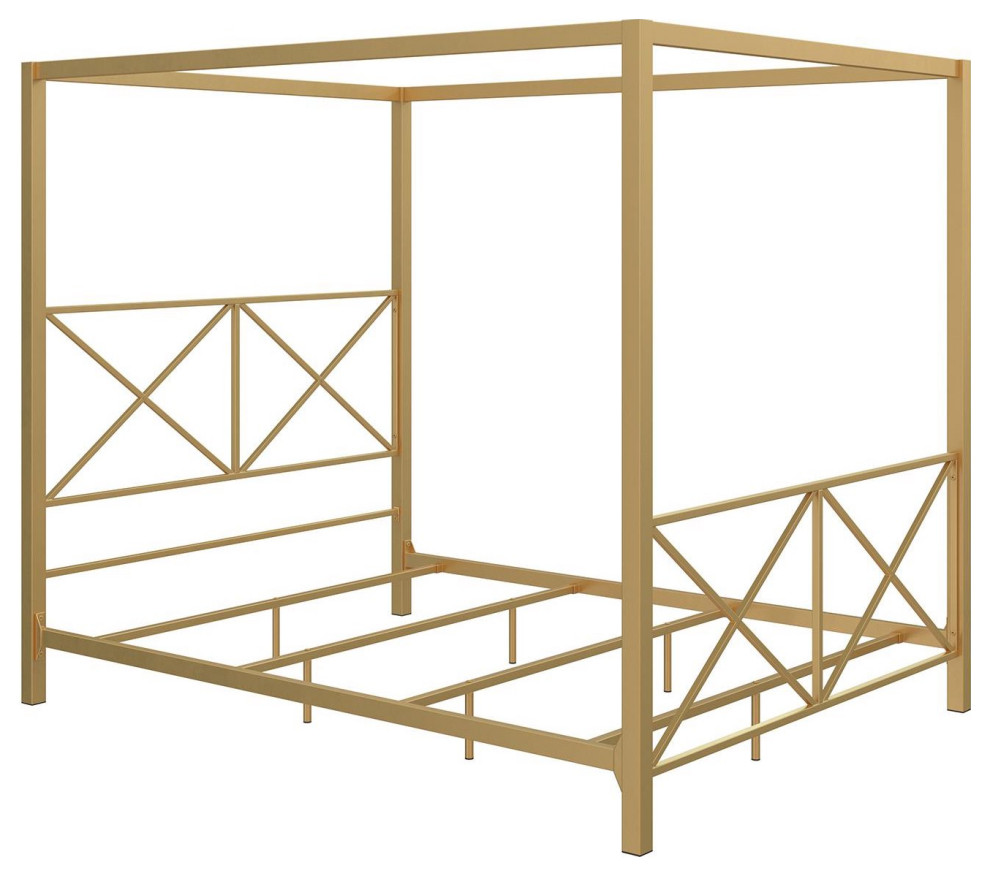 Modern Canopy Bed, Metal Frame With Crisscross Head & Footboard, Gold, Full