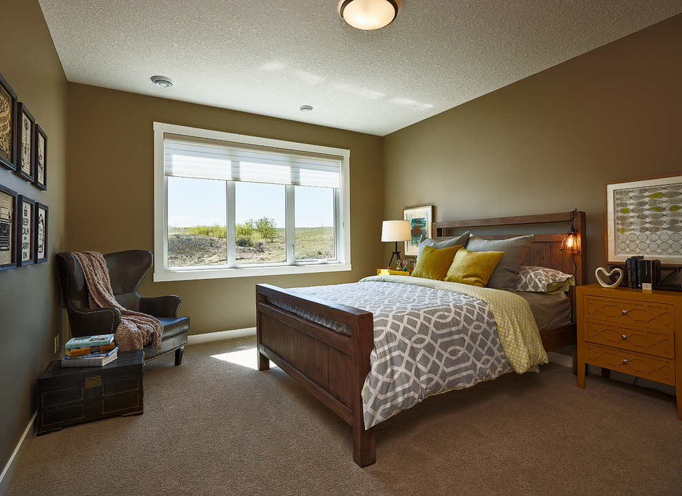 Mid-sized transitional guest carpeted bedroom photo in Calgary with brown walls