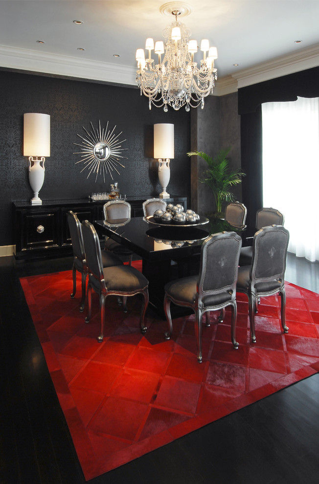 Contemporary dining room in Atlanta with black walls and black floor.