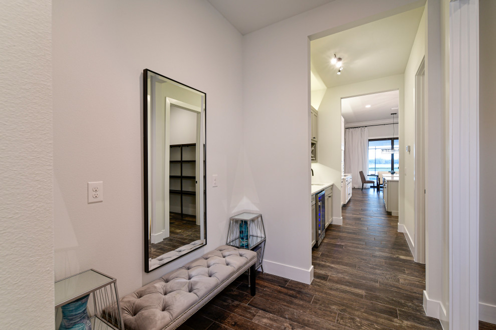 Mid-sized transitional porcelain tile and gray floor mudroom photo with gray walls