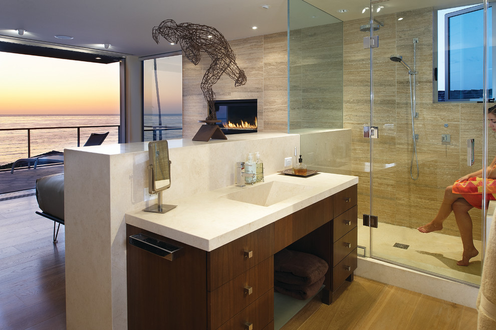 Photo of a contemporary bathroom in San Diego with an integrated sink.