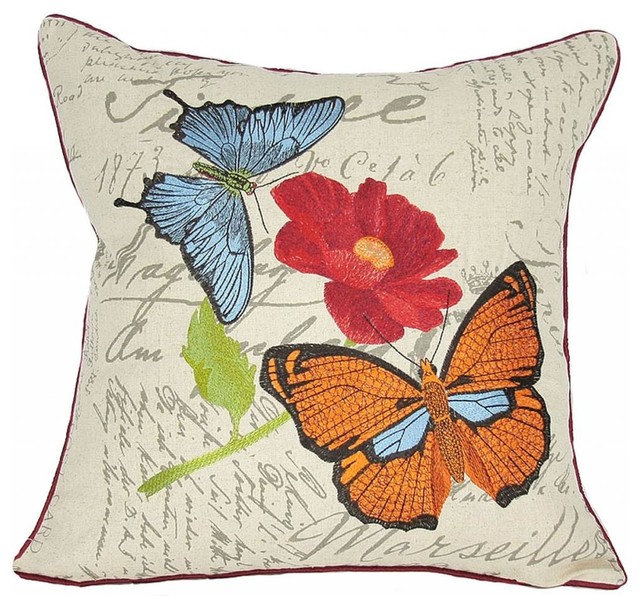 Papillon Embroidery Pillow, Butterfly on Poppy